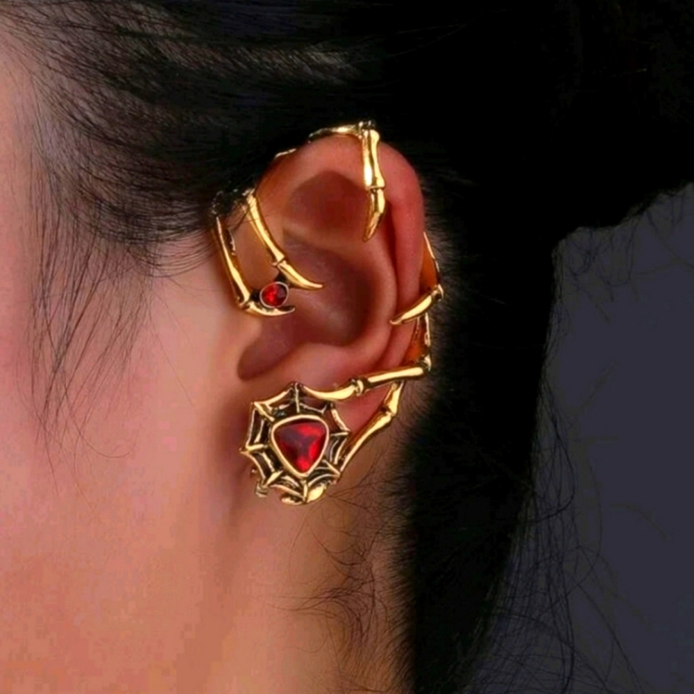 (1)PC GOLDEN CLIMBING VINE EARRING CLIP ON CUFF RED JEWEL